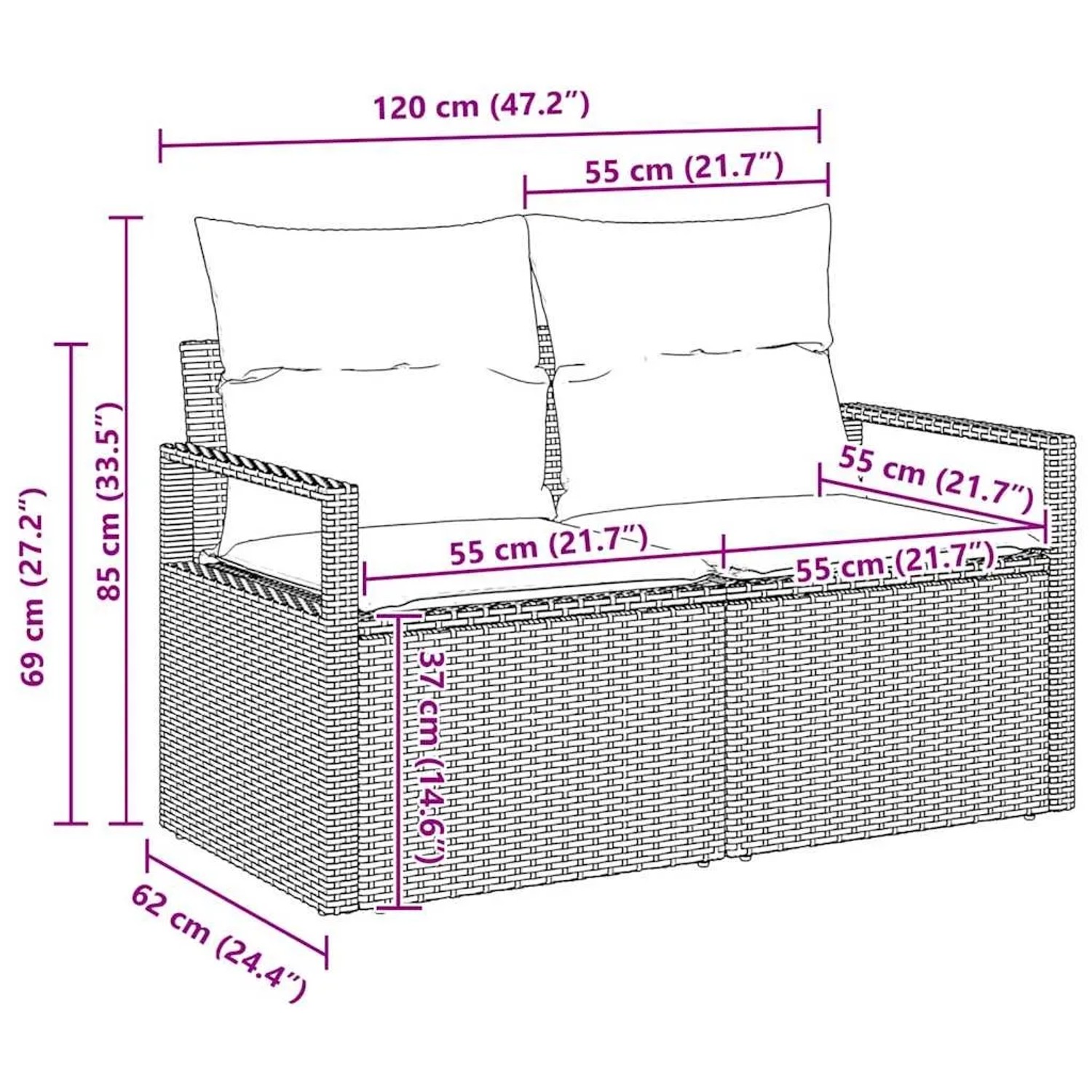 vidaXL Garten-Sofa-Set, 6-teilig, schwarz/weiß, mit Maßangaben. Gartenmöbel aus Rattan und Stahl.