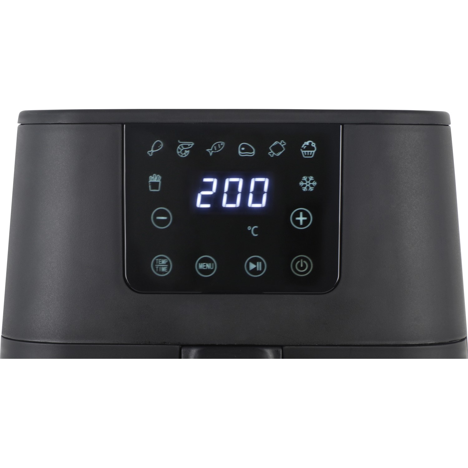 Detailaufnahme des Displays der Heißluftfritteuse mit Temperaturanzeige und Touch-Bedienfeld.