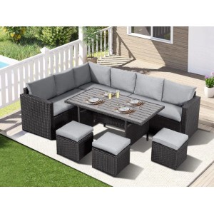 Schwarzes MeXo XXL Gartenlounge Set aus Polyrattan mit Esstisch und Hockern für 8 Personen.