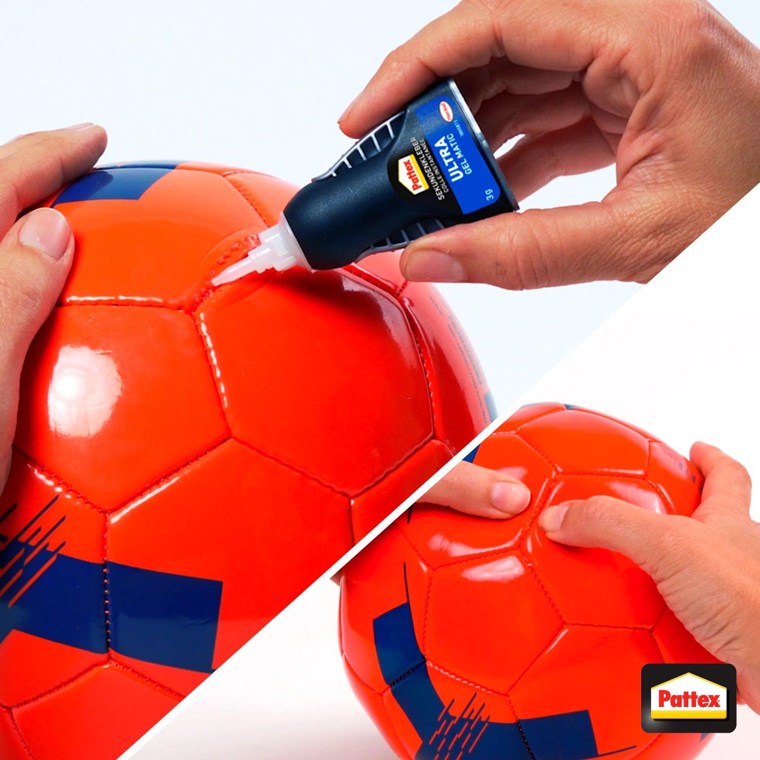 Pattex Sekundenkleber Ultra Gel Matic beim Kleben eines Balls.