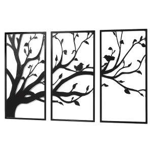 Dreiteiliges, schwarzes Kobolo Wandbild aus Metall: Baum mit Vögeln als moderne Wanddeko.