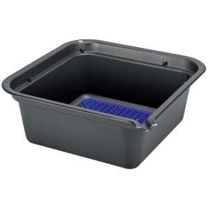 LUX Öl-Auffangwanne 7 l, grau, mit blauem Spritzschutzgitter.
