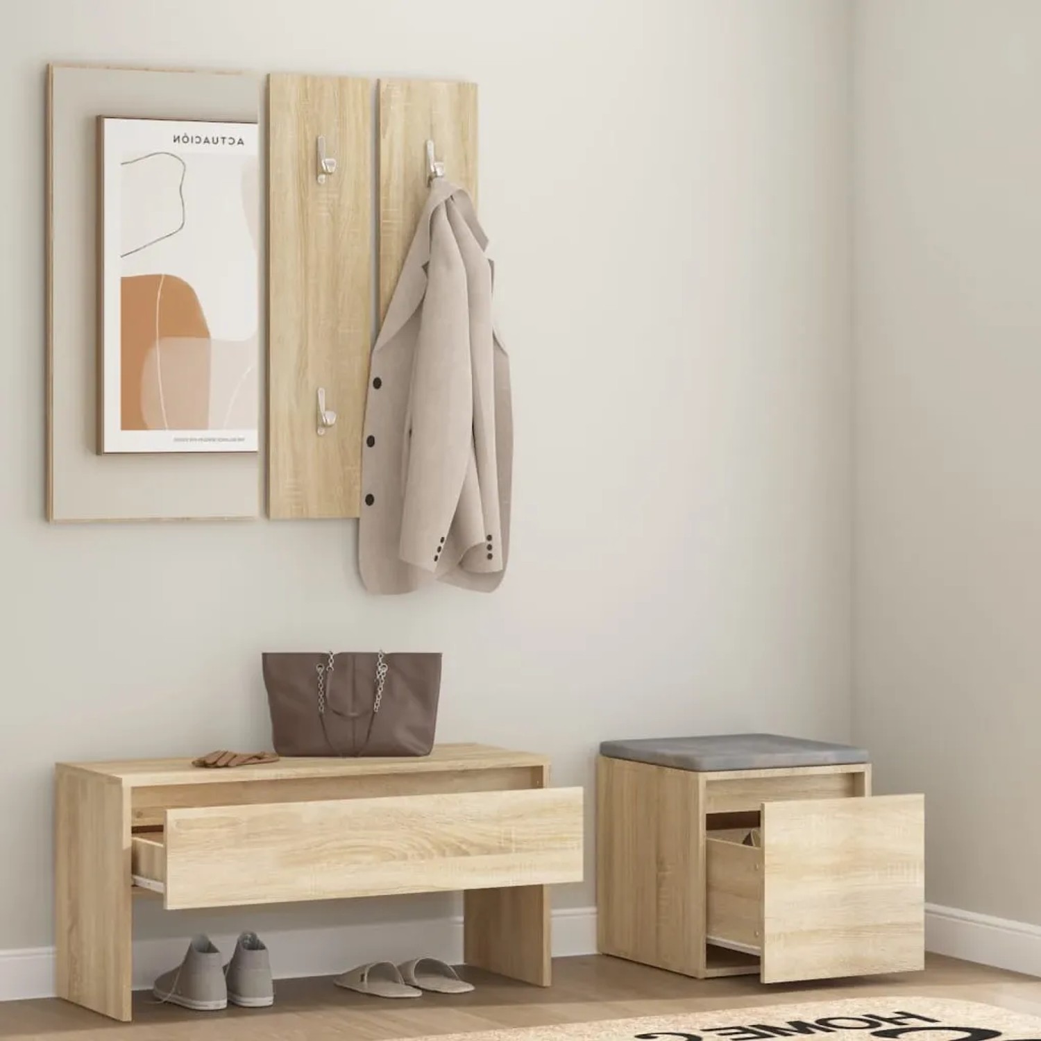 vidaXL Flurmöbel-Set Sonoma-Eiche mit Bank, Spiegel, Garderobe und Hocker für den Eingangsbereich.