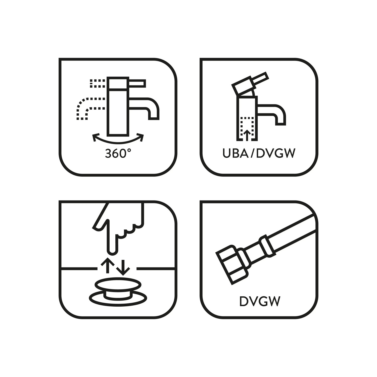 Icons zur baliv Waschtischarmatur WT-151: 360° schwenkbar, UBA/DVGW, Pop-up Ventil, DVGW-Anschlussschlauch.