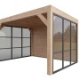 Moderne weka Gartenlaube Lumley aus Holz mit Flachdach, Glaswänden und geschlossener Rückwand für die Terrasse.