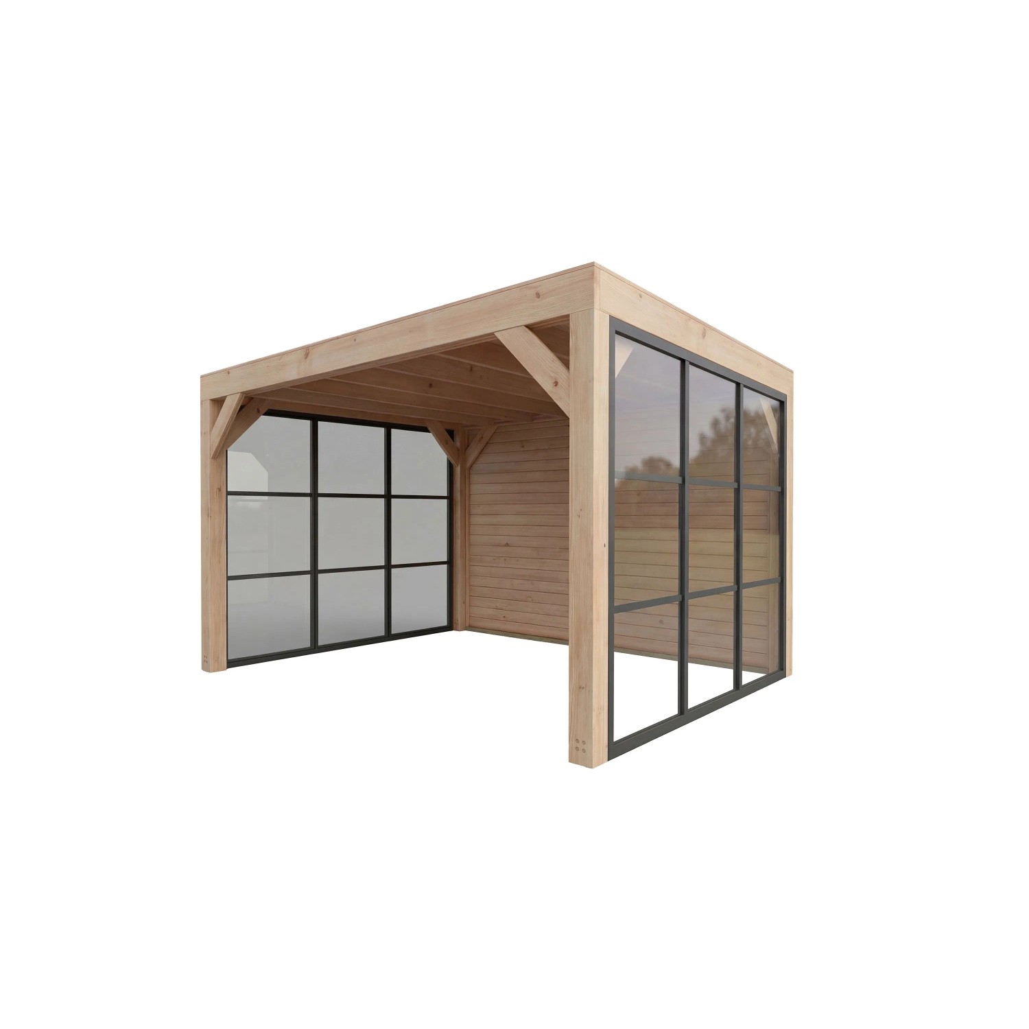 Moderne weka Gartenlaube Lumley aus Holz mit Flachdach, Glaswänden und geschlossener Rückwand für die Terrasse.