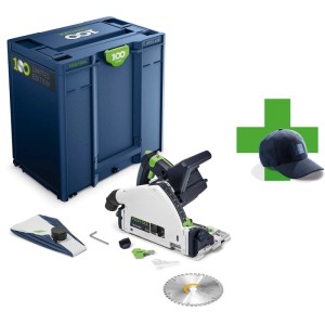 Festool Akku-Tauchsäge TSC55KEB-Basic, Sägeblatt, Zubehör und blauer 100 Jahre Systainer mit Kappe. 18/36 V, ø 160 mm.