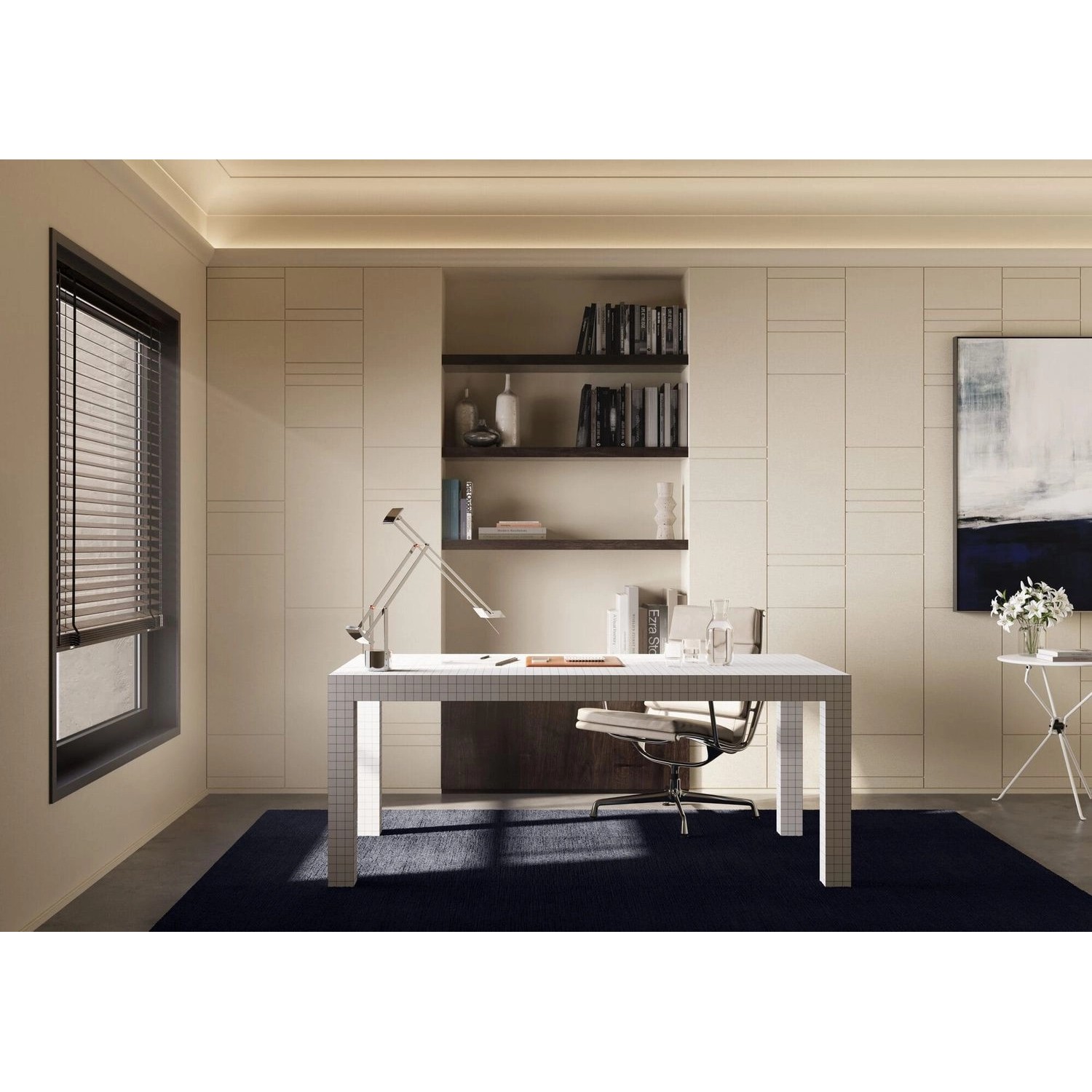 Büro mit indirekter Beleuchtung durch graue NOEL & MARQUET NMC IL13-Box WALLSTYL Eckleisten (30m Set).