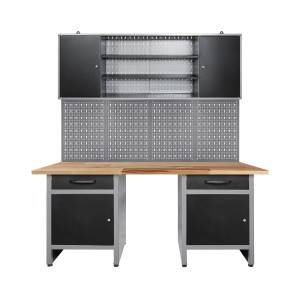 Ondis24 Werkstatt Set Wolle 160 cm mit Werkbank, Schrank, Lochwand und Sitznische.