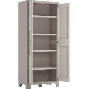 KIS Kunststoffschrank Gulliver, sandbeige, mit 4 Böden, geöffnet. Regalsystem für Keller, Garage & Abstellraum.