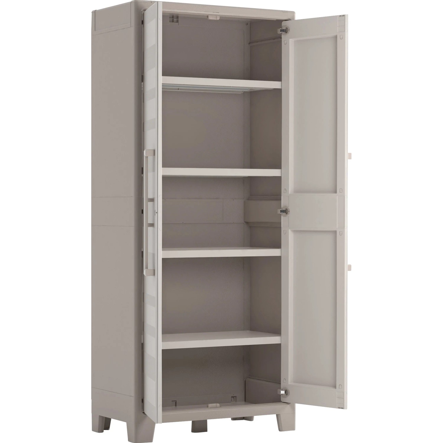 KIS Kunststoffschrank Gulliver, sandbeige, mit 4 Böden, geöffnet. Regalsystem für Keller, Garage & Abstellraum.