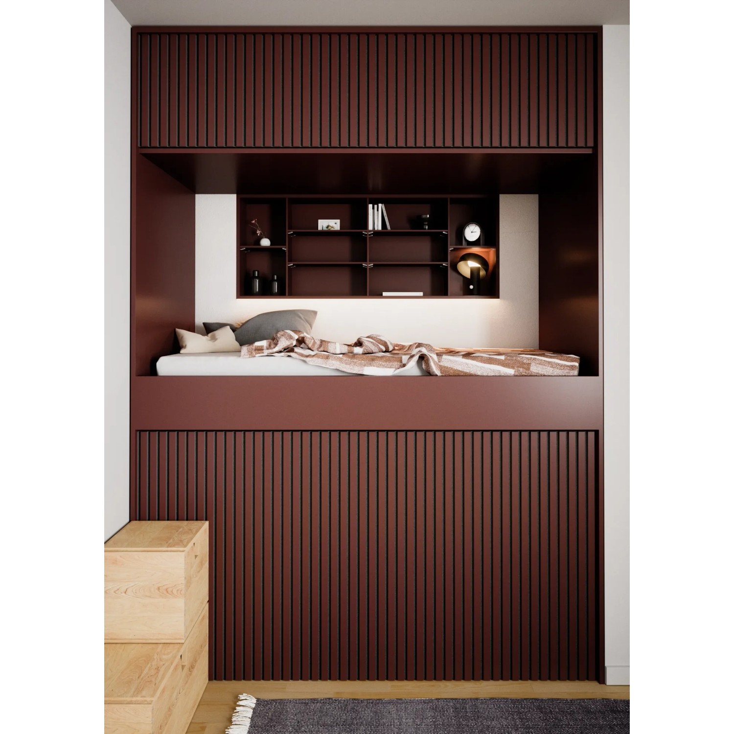 Raum mit Akustikpaneelen in Burgunderrot und Linoleum, integriertes Bett.
