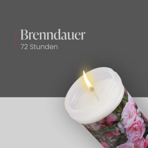 Brennende Grabkerze Pfingstrose Rosa, 72h Brenndauer, mit Deckel. Kerze für Gedenkstätte.