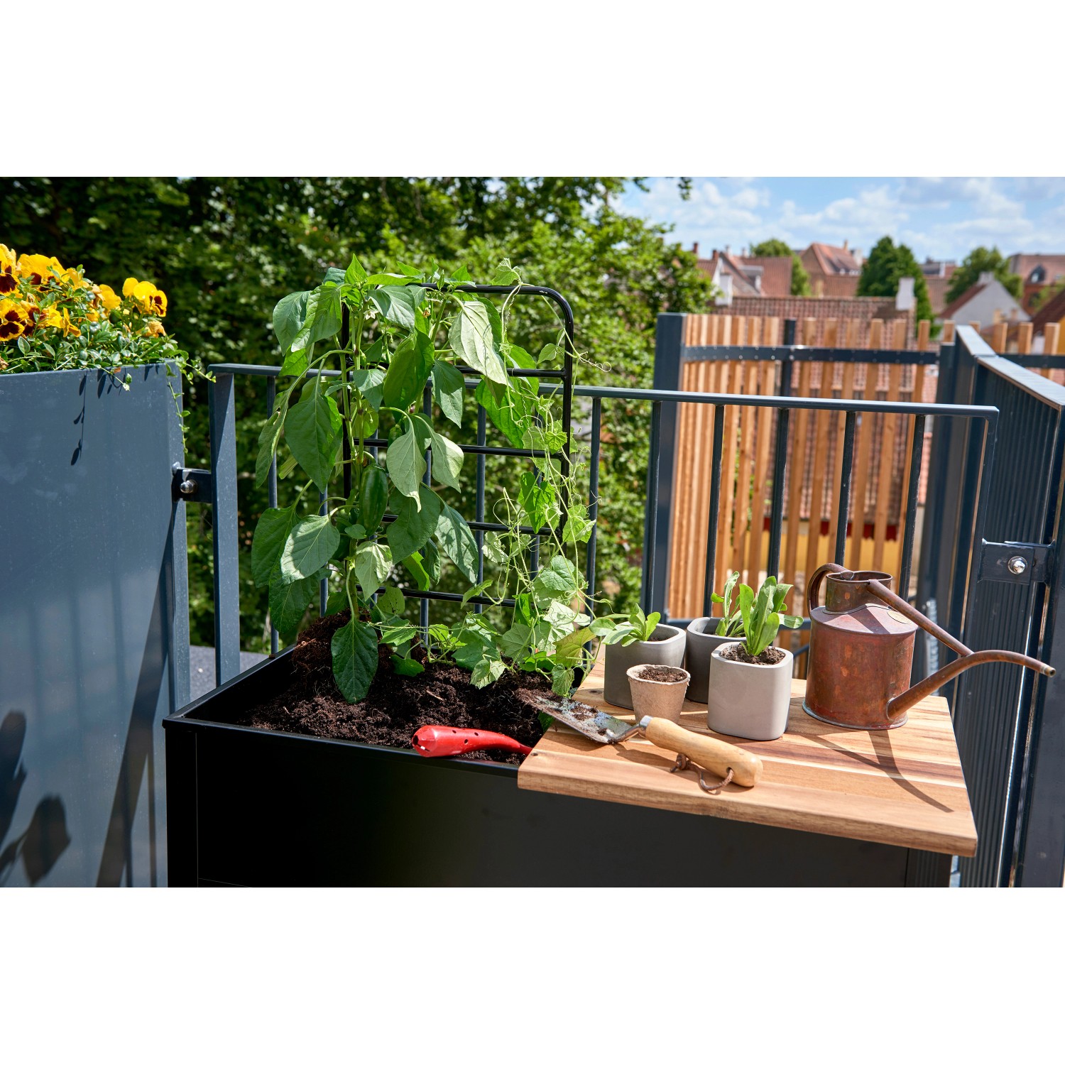 Juliana Gewächshaus Urban Vertical auf Balkon mit Pflanzen, Gießkanne und Gartengeräten.
