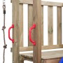 Detailansicht Spielturm Mario: Kletterseil, rote Griffe, blaue Rutsche. Holz FSC-zertifiziert.