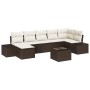 7-teiliges Garten-Sofaset aus Poly Rattan in Grau mit Kissen und Tisch.