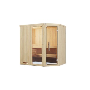 Weka Elementsauna Varberg 1 Sparset mit Glastür und Fenster, Fichtenholz natur, Innenansicht mit Liegen.