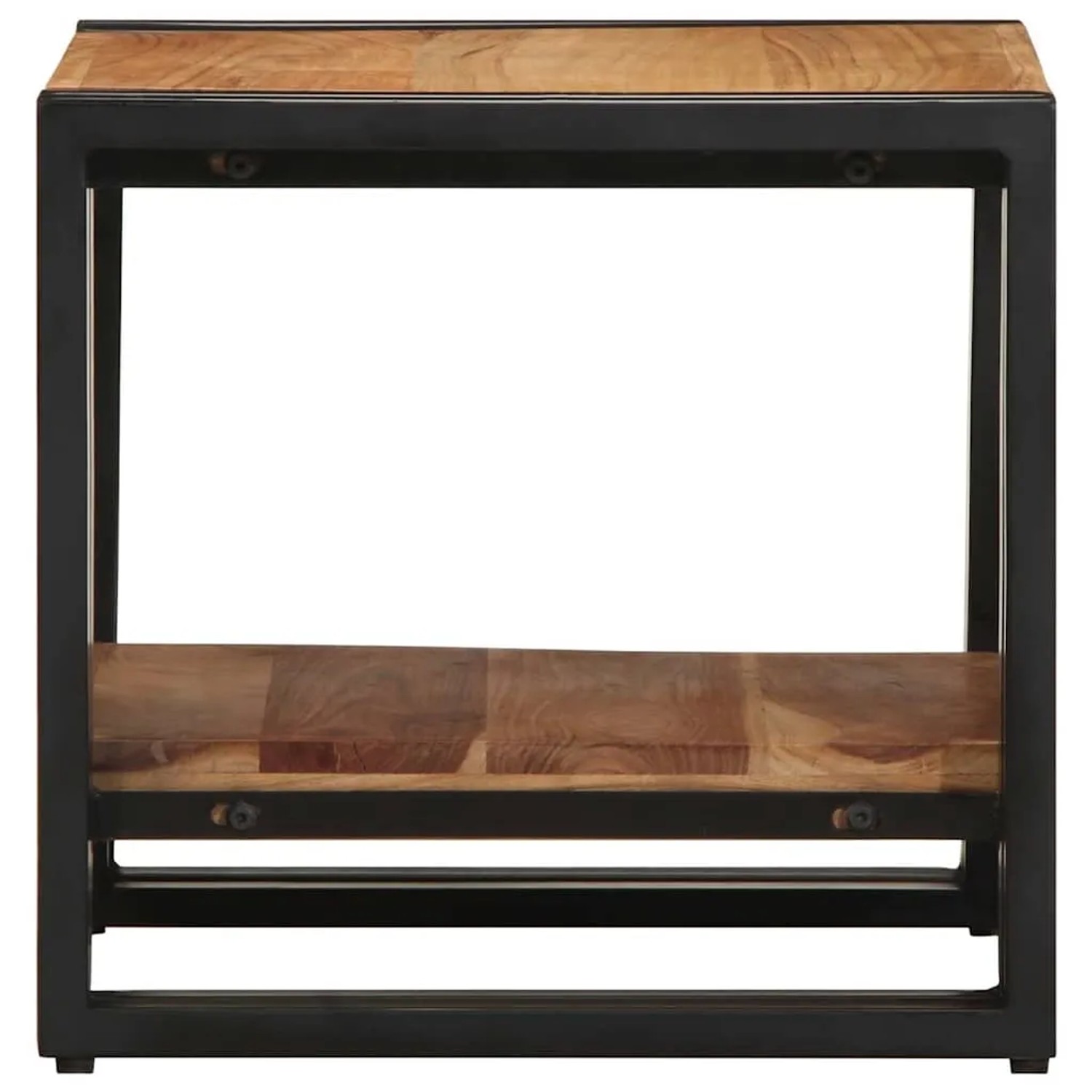 Brauner Couchtisch aus Akazien-Massivholz, 40x40x38 cm, mit schwarzem Metallgestell und Ablagefach.
