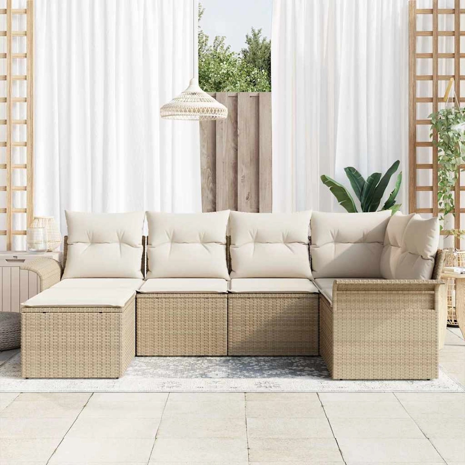 Beiges 6-teiliges vidaXL Garten-Sofa-Set aus Poly Rattan mit Kissen.