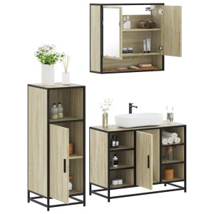 vidaXL Badmöbel-Set, 3-teilig, Sonoma-Eiche, Holzwerkstoff. Badschrank, Waschbeckenunterschrank und Spiegelschrank.
