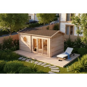 Finntherm Gartensauna Genf-70 aus naturbelassenem Fichtenholz mit Panoramafenster und Liege.