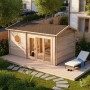 Finntherm Gartensauna Genf-70 aus naturbelassenem Fichtenholz mit Panoramafenster und Liege.