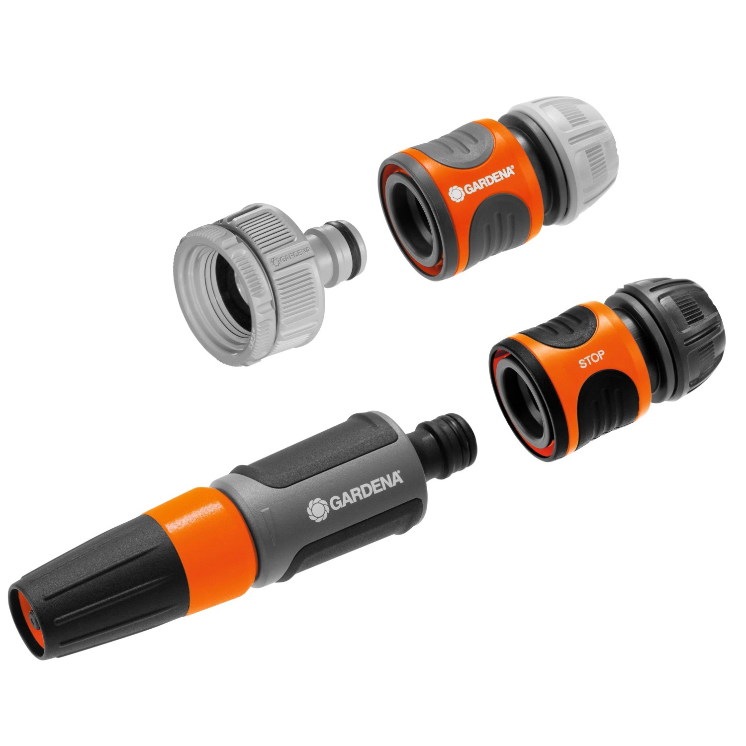 Gardena Comfort Flex Schlauch Set: Hahnstück, Adapter, Schlauchstück, Wasserstop und Spritze.