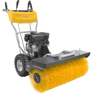 Stiga Kehrmaschine SWS 600 G mit gelber Bürste und schwarzem Motorblock.