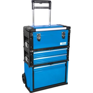 Blauer Güde Werkzeugtrolley GWZT 2/1 mit Rollen, Teleskopgriff und Werkzeugkoffer.