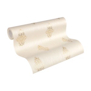 Rolle Textiltapete in Hellrosa mit goldenem Barock Muster und Glitzer Effekt.