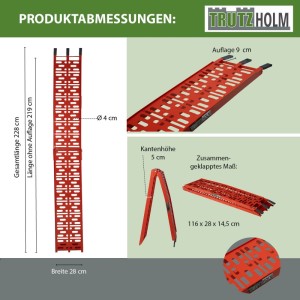 TRUTZHOLM Auffahrrampe, klappbar, 228 cm, rot, Maße und Details im Überblick.