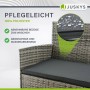 Detailaufnahme: Polyrattan Gartenmöbel Sitzgruppe, grau meliert, dunkelgraue Bezüge, pflegeleicht.