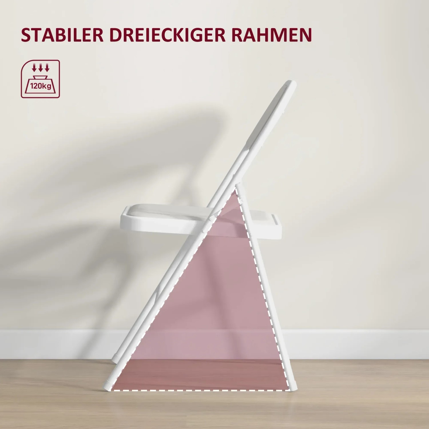 Weißer HOMCOM Klappstuhl mit Stahlrahmen, Seitenansicht. Esszimmerstuhl mit dreieckiger Rahmenkonstruktion.