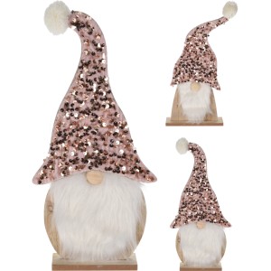 Niedlicher Deko Wichtel auf Holzfuß mit rosa Paillettenmütze, 32 cm, Weihnachtsdekoration.