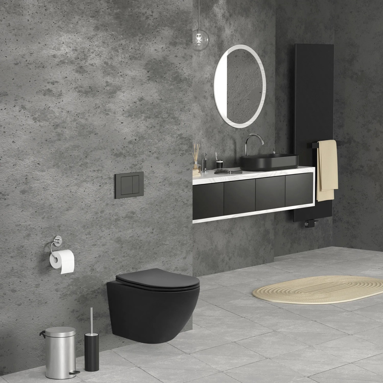 Modernes, schwarzes Wand-WC mit Tornadospülung, spülrandlos, kurze Ausführung.