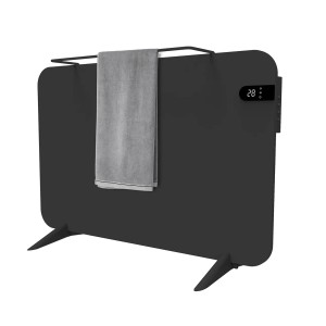 Schwarze Könighaus Infrarotheizung 450 W als Standgerät mit Handtuchhalterung und LED-Display.