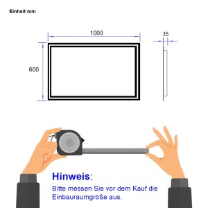 Skizze des Emke LED Badspiegels 100x60 cm mit Maßen und Hinweis zum Ausmessen.