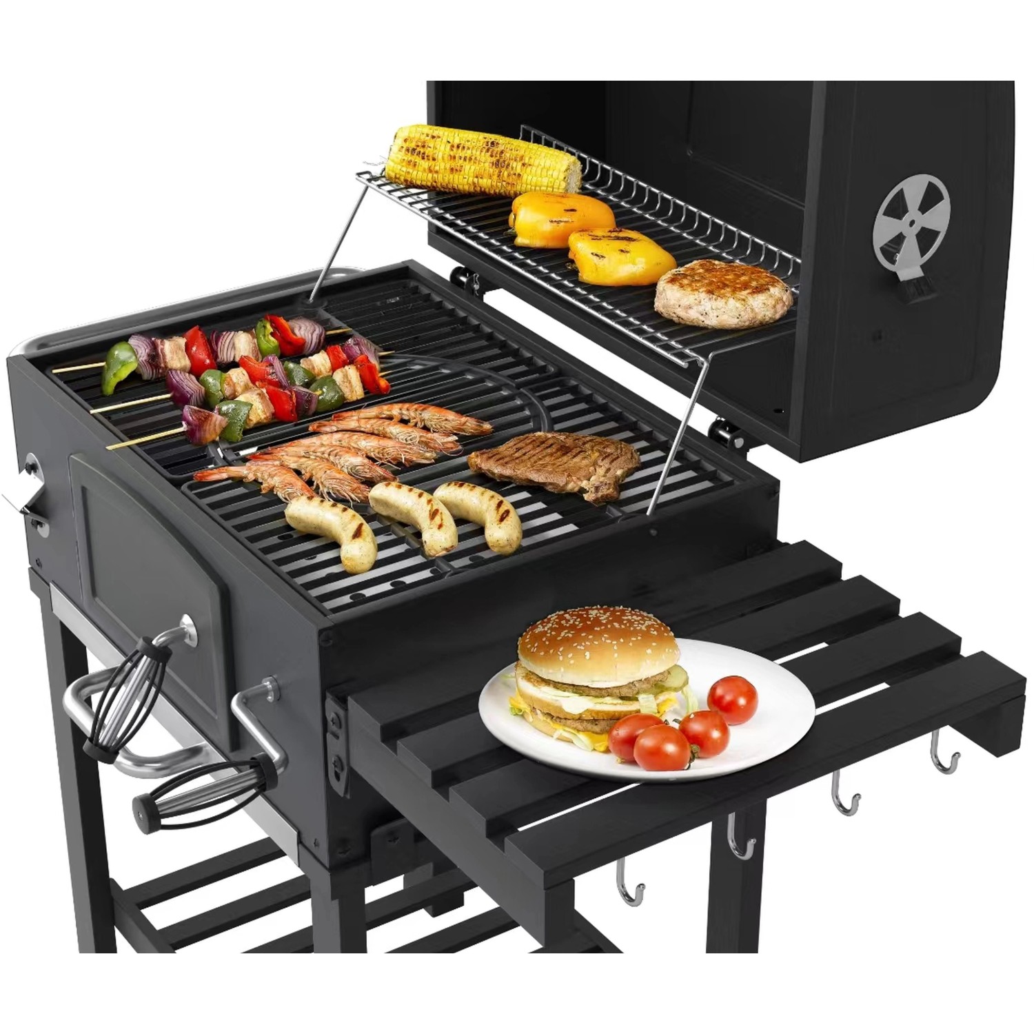 El Fuego Holzkohlegrill Calgary mit Grillgut wie Burger, Würstchen, Gemüse und Fleisch.