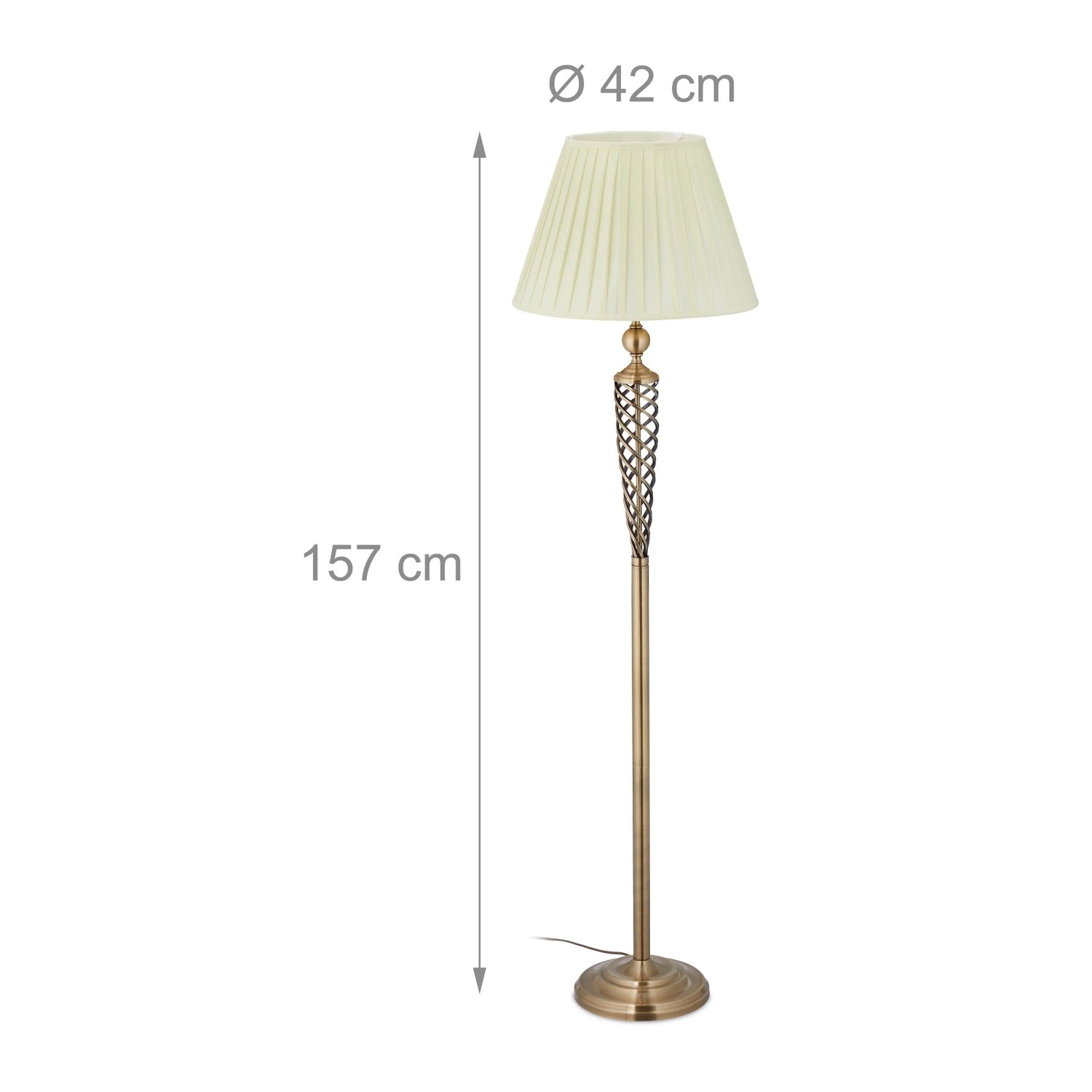 Vintage Stehlampe 157 cm hoch, elfenbeinweißer Falten-Stoffschirm, antiker Messing-Eisenfuß, Ø 42 cm.