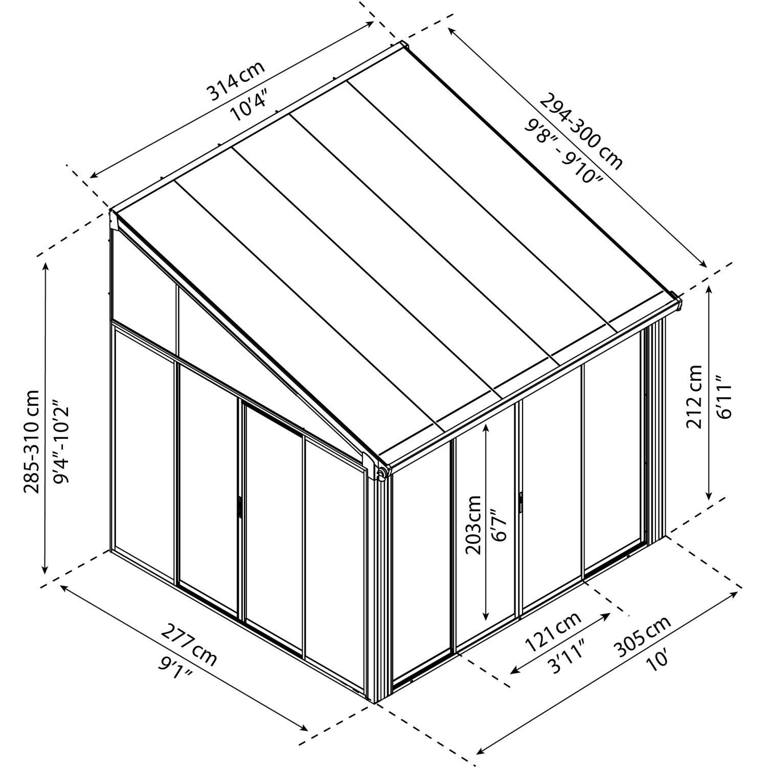 Maße des Palram Canopia Wintergarten SanRemo 3x3.05 in Anthrazit, technische Zeichnung.