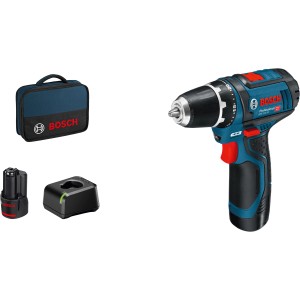 Bosch Professional Akku-Bohrschrauber GSR 12V-15 mit Akkus, Ladegerät und Tasche.
