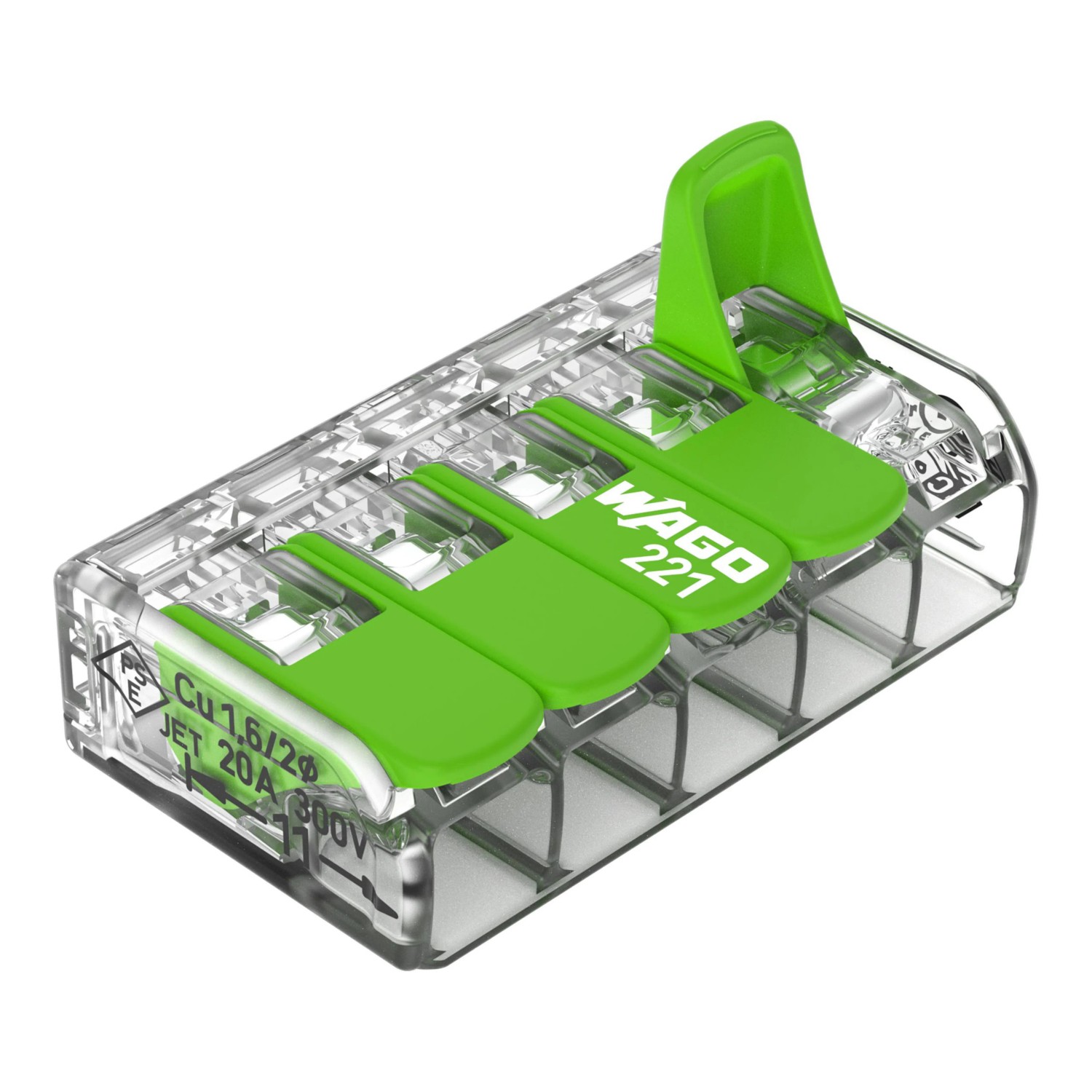 Wago Verbindungsklemme 221-425 mit Hebeln, 5 Leiter, 8 Stück. Lüsterklemme mit transparentem Gehäuse.