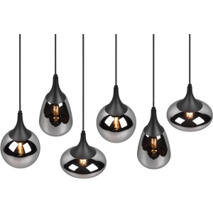 Schwarze, matte Trio Pendelleuchte Lumina mit 6 chrombedampften Glasschirmen.