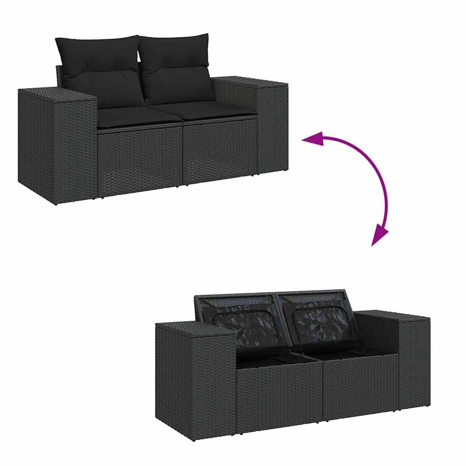 Schwarze 9-tlg. vidaXL Garten-Sofagarnitur aus Rattan mit Kissen und Stauraum.