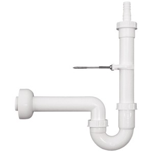Weißer Kunststoff Siphon für Wasch- oder Spülmaschine mit Wandhalterung.