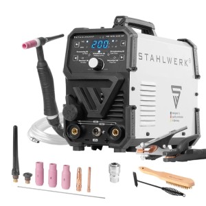 STAHLWERK Schweißgerät 200A Kombi WIG/MMA mit Zubehör. Kompaktes Inverter Schweißgerät für präzise Schweißarbeiten.