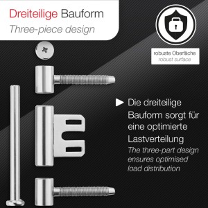 SOTECH 3-teiliges Türband aus vernickeltem Stahl, zerlegt. Zeigt Stift, Mittelteil und Gewindebolzen für Stahlzargen. Optimierte Lastverteilung.