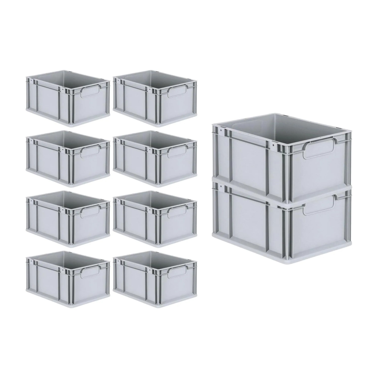 PROREGAL Spar Set: 10 graue Euroboxen mit Deckel und Schnappverschlüssen, 20 Liter, für Lagerung und Transport.