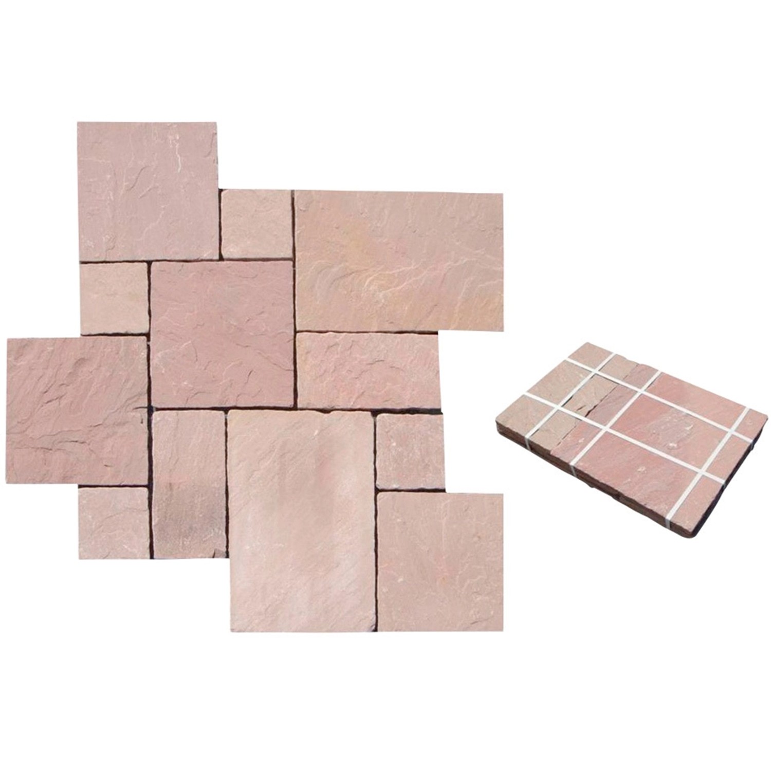 Sandsteinplatten Modak im Römischen Verband, 4 Formate, mediterrane Terrassenplatten in Braun- und Rottönen.