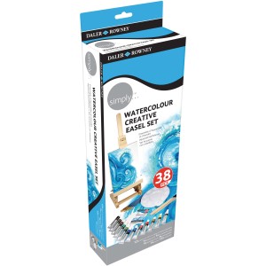 Daler-Rowney Aquarellfarben Set mit Staffelei, Pinsel, Farben, Stiften und Mischpalette.